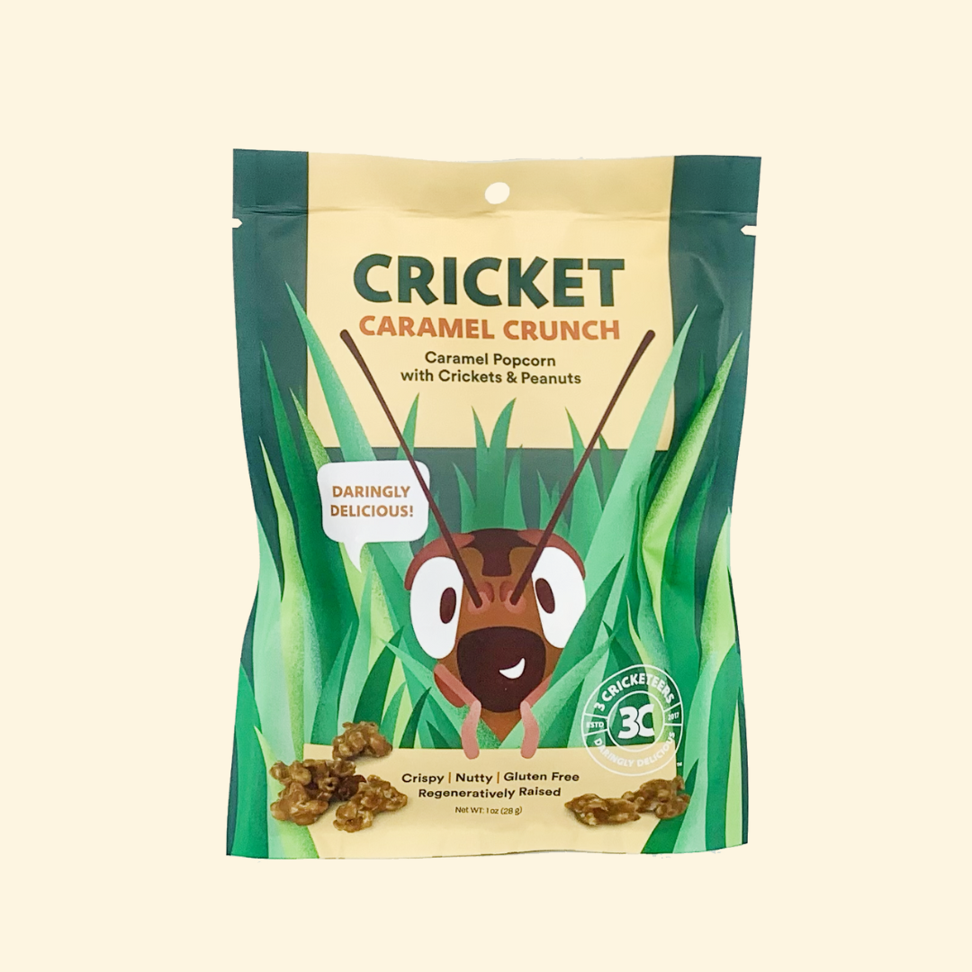 Caramel popcorn and peanuts with candied crickets. 