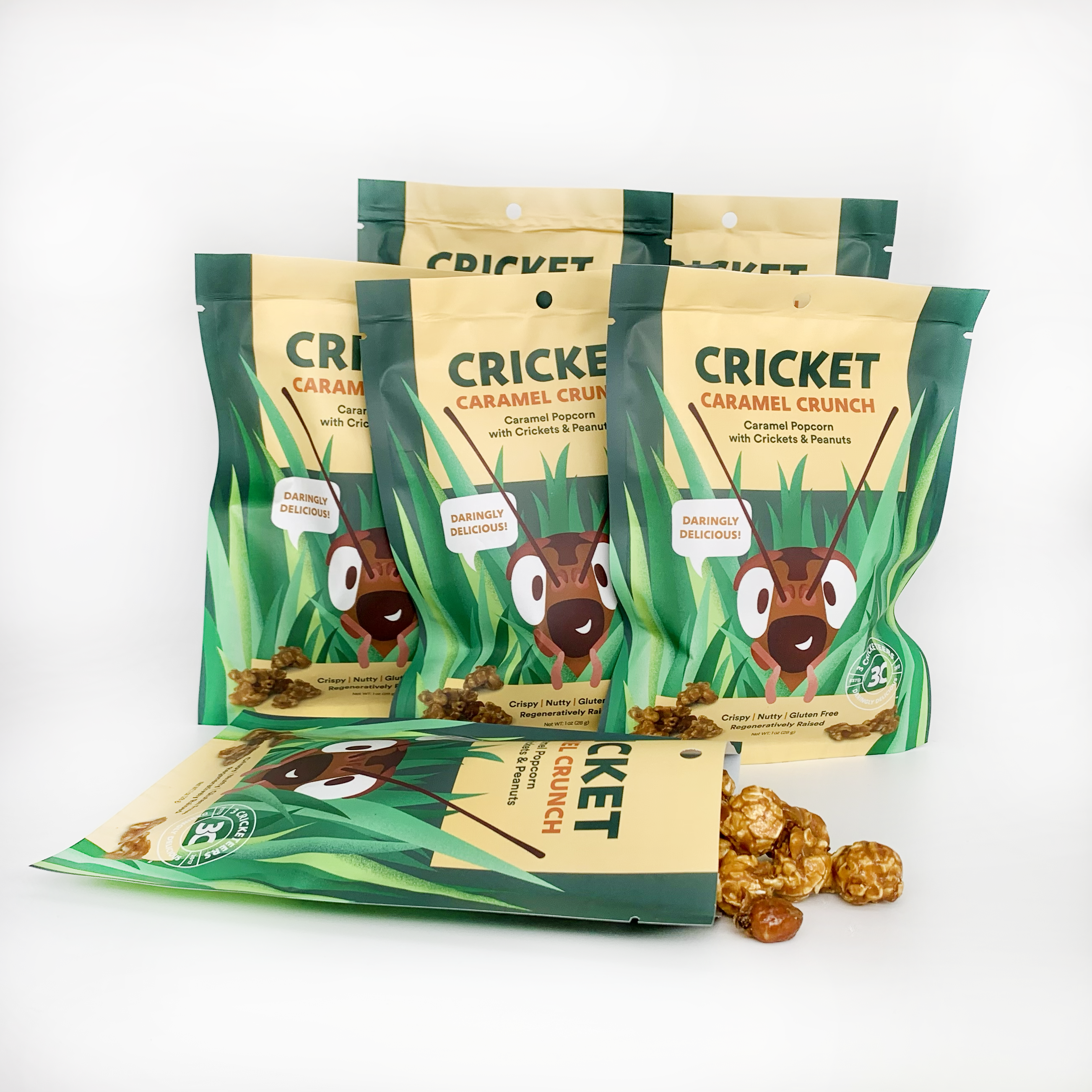 Caramel popcorn and peanuts with candied crickets.