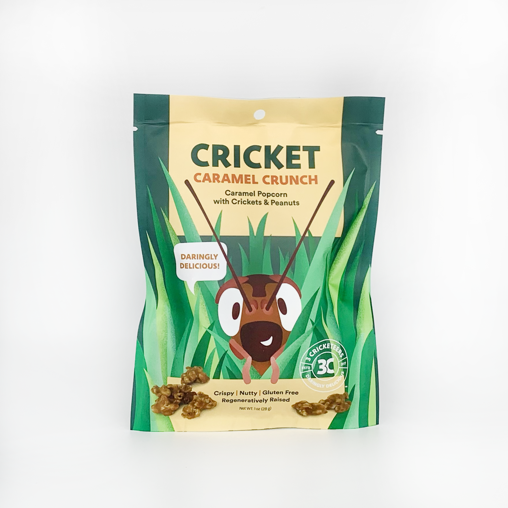Caramel popcorn and peanuts with candied crickets.